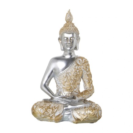 Buda Decorativo Plateado de Resina 28 cm